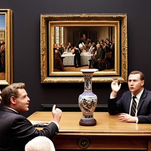 **Prompt:** A well-lit auction house scene, focus on an auctioneer confidently gesturing towards a valuable antique vase. Include diverse bidders showing interest. Simulate a high-resolution photograph.