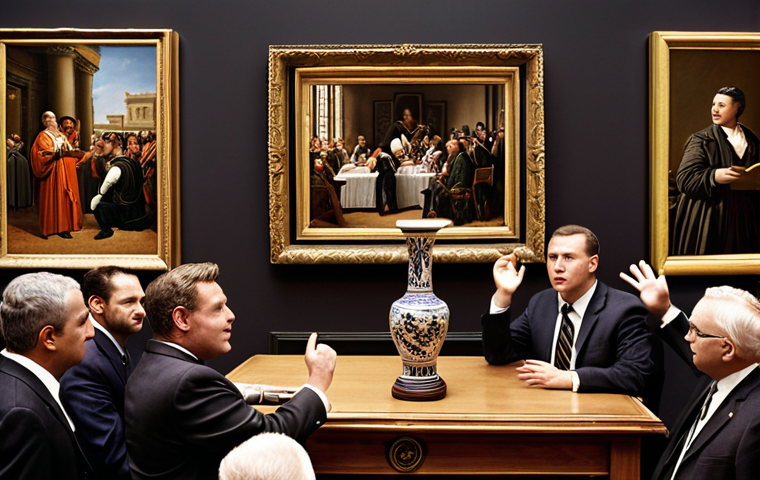 **Prompt:** A well-lit auction house scene, focus on an auctioneer confidently gesturing towards a valuable antique vase. Include diverse bidders showing interest. Simulate a high-resolution photograph.