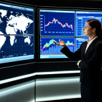 A professional female auctioneer, mid-30s, fully clothed in a modest, dark business suit, stands confidently in a sophisticated, modern control room of an auction house. She is gesturing towards a large, transparent holographic display filled with intricate data visualizations, glowing charts, global market trends, and historical auction data. The room is sleek with subtle ambient lighting. Her posture is natural and professional.