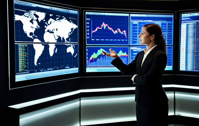 A professional female auctioneer, mid-30s, fully clothed in a modest, dark business suit, stands confidently in a sophisticated, modern control room of an auction house. She is gesturing towards a large, transparent holographic display filled with intricate data visualizations, glowing charts, global market trends, and historical auction data. The room is sleek with subtle ambient lighting. Her posture is natural and professional.