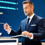 A confident professional male auctioneer in a tailored, modest business suit, standing at a sleek, modern auction podium. In the background, a large screen displays real-time online bidding data and complex market analytics, seamlessly blending with the elegant, classic architecture of a high-end auction hall. He holds a traditional gavel, poised, representing the fusion of age-old tradition and cutting-edge technology. The lighting is bright and professional, highlighting his focused expression, perfect anatomy, correct proportions, natural pose, well-formed hands, and proper finger count. The image conveys trust and expertise in a dynamic setting, safe for work, appropriate content, fully clothed, professional dress, modest clothing.
