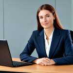**

A professional businesswoman in a modest business suit, sitting at a desk in a modern office, fully clothed, appropriate attire, safe for work, perfect anatomy, natural proportions, professional photography, high quality.

**