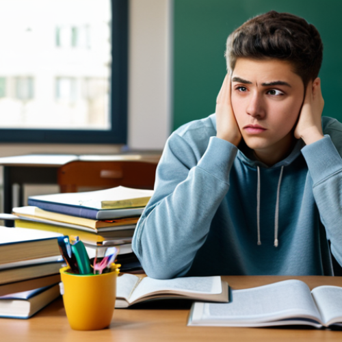 Stressed Student (Focus on Pre-Exam Anxiety)**

A young student, fully clothed in casual attire, sitting at a desk covered in textbooks and notes, looking worried and overwhelmed. Soft, diffused lighting. Background: a cluttered but tidy study room. Safe for work. Appropriate content. Modest clothing. Perfect anatomy, correct proportions, natural pose. Realistic style. Professional, family-friendly.

**