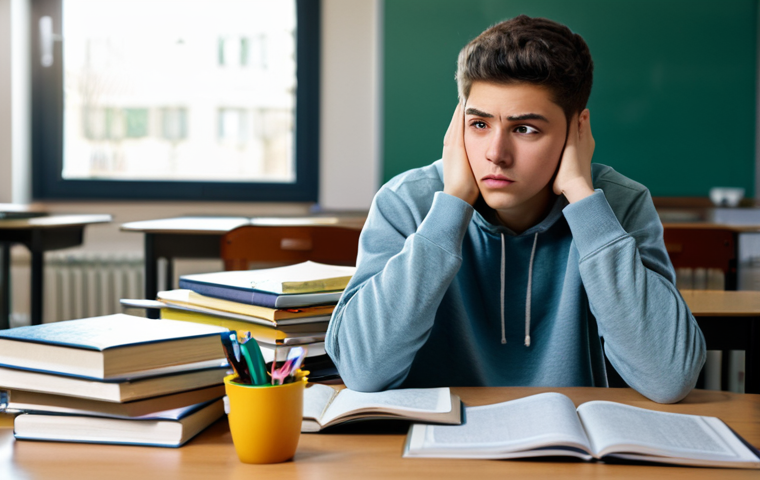 Stressed Student (Focus on Pre-Exam Anxiety)**

A young student, fully clothed in casual attire, sitting at a desk covered in textbooks and notes, looking worried and overwhelmed. Soft, diffused lighting. Background: a cluttered but tidy study room. Safe for work. Appropriate content. Modest clothing. Perfect anatomy, correct proportions, natural pose. Realistic style. Professional, family-friendly.

**
