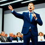 Auctioneer in Action**

"A professional auctioneer in a fully clothed, modest business suit, energetically gesturing during an auction, well-lit stage with a diverse audience, safe for work, appropriate content, perfect anatomy, correct proportions, professional environment."

**