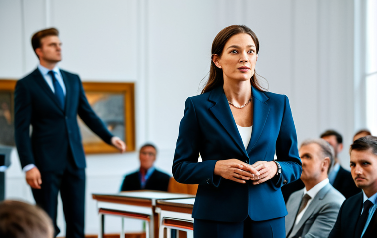**Elegant Auctioneer:** A professional female auctioneer in a modest, tailored suit, standing confidently on a well-lit stage during an auction.  Behind her are blurred figures of attendees and displayed artworks.  Focus on her poised expression and professional demeanor.  Perfect anatomy, correct proportions, high-resolution, safe for work, appropriate content, fully clothed, professional.