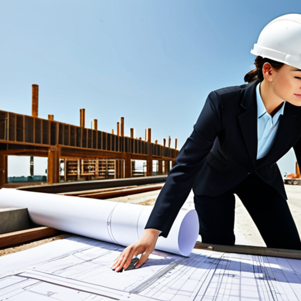 경매사 필기시험 대비 효율적인 노트 작성 - **Prompt:** A professional female architect in a modern, fully clothed business suit, reviewing blue...