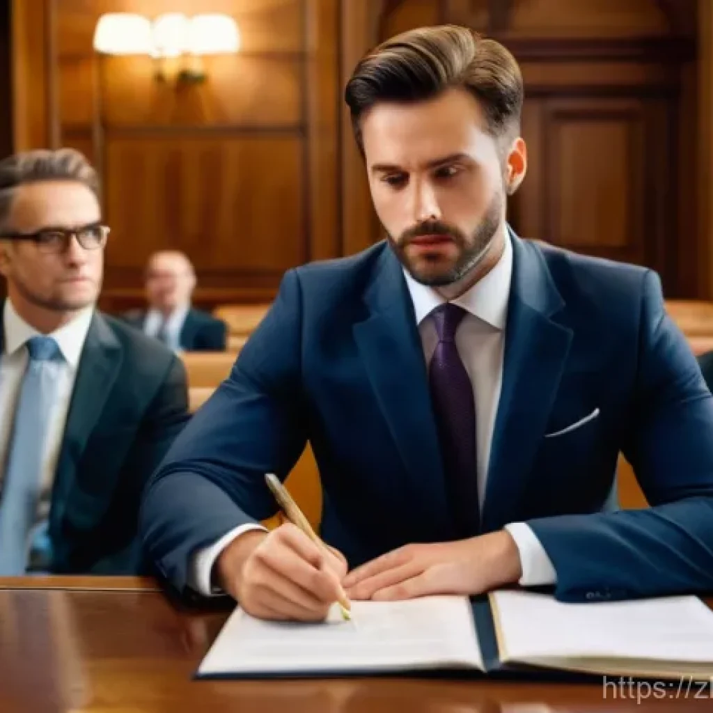 경매사 시험에서 자주 틀리는 법률 문제 - A high-definition image portraying a professional, well-lit auction house office. Two business profe...