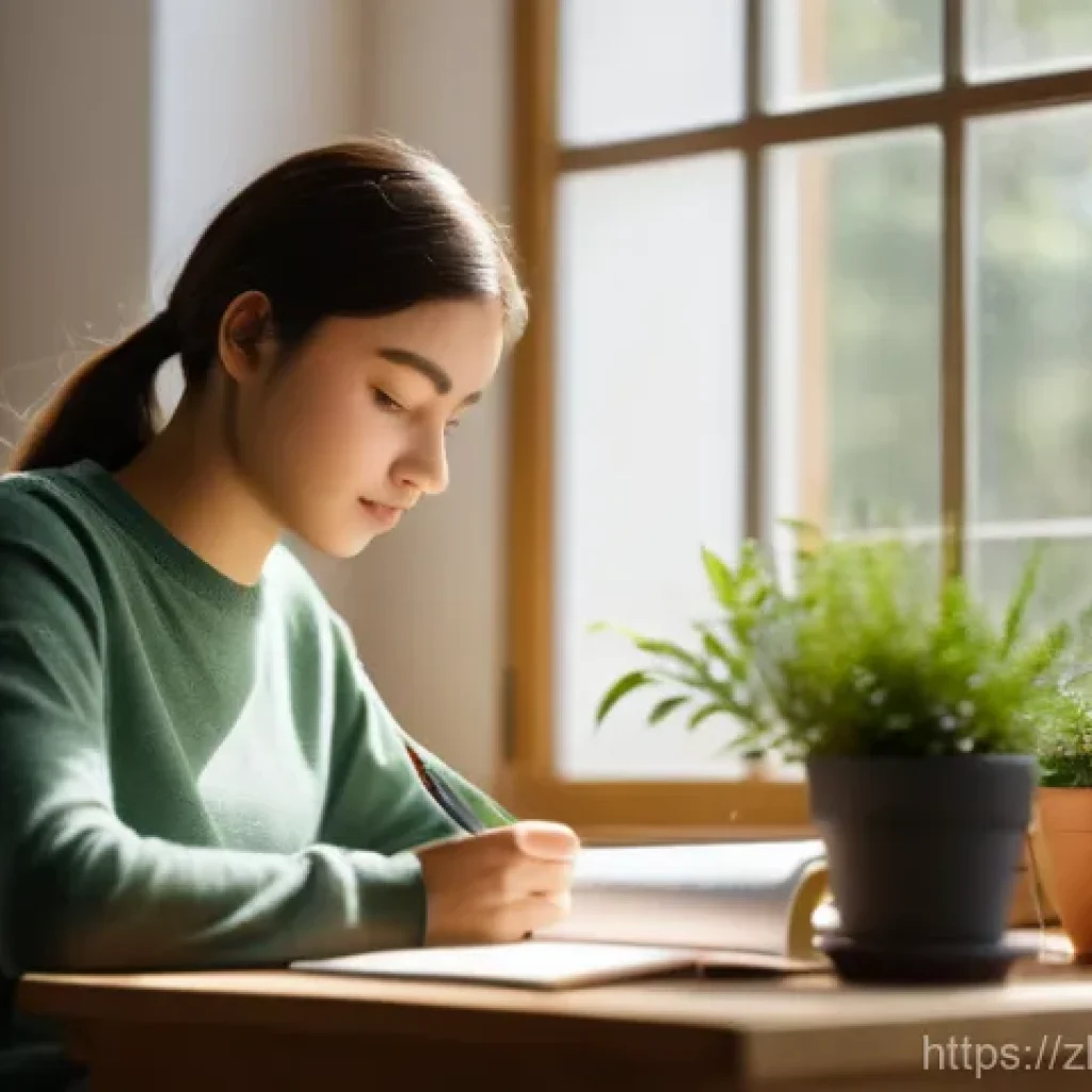경매사 시험 준비 과정에서의 집중력 유지법 - A young woman in her late teens, dressed in a cozy, long-sleeved top and comfortable trousers, sits ...