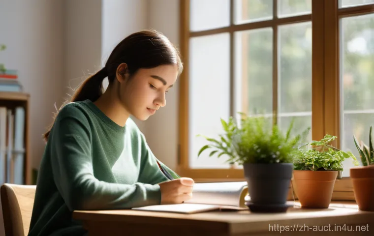 경매사 시험 준비 과정에서의 집중력 유지법 - A young woman in her late teens, dressed in a cozy, long-sleeved top and comfortable trousers, sits ...
