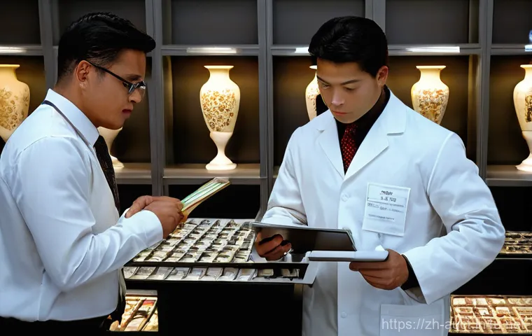 경매사 실무에서의 협업 기술 - **Prompt:** "A brightly lit, modern auction house preparation room. A diverse team of professional a...