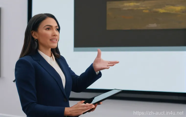 경매사 자격증 취득 후 경력 개발 전략 - **Prompt 1: The Hybrid Auctioneer**
    "A confident, well-dressed female auctioneer, mid-30s, stand...
