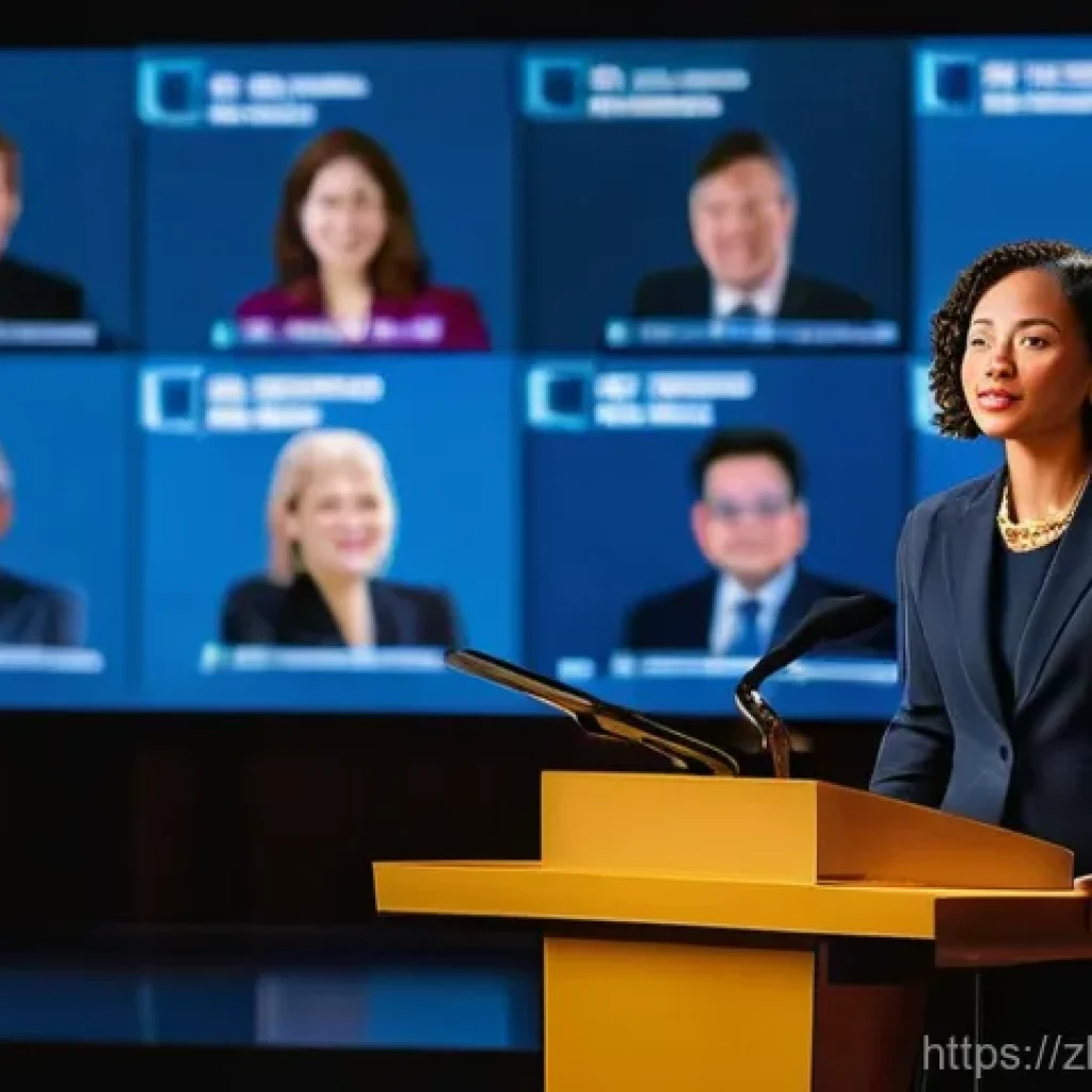 경매사 자격증과 관련된 세미나 정보 - **Prompt:** A dynamic, professional female auctioneer in her late 30s, dressed in a sleek, tailored ...