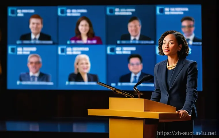 경매사 자격증과 관련된 세미나 정보 - **Prompt:** A dynamic, professional female auctioneer in her late 30s, dressed in a sleek, tailored ...