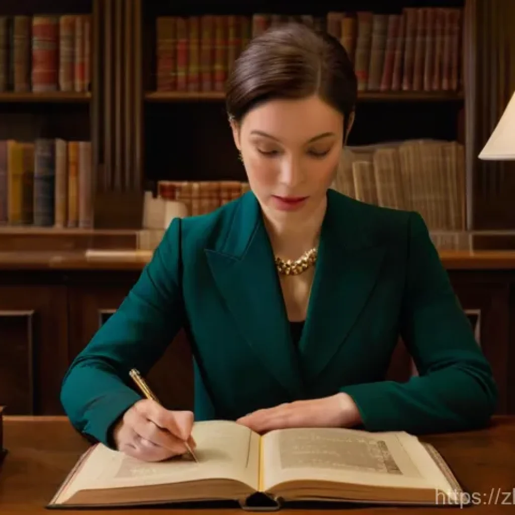 경매사 경력 개발을 위한 학습 자료 추천 - **Prompt:** A sophisticated female auctioneer in her late 30s, dressed in a sharp, tailored blazer o...