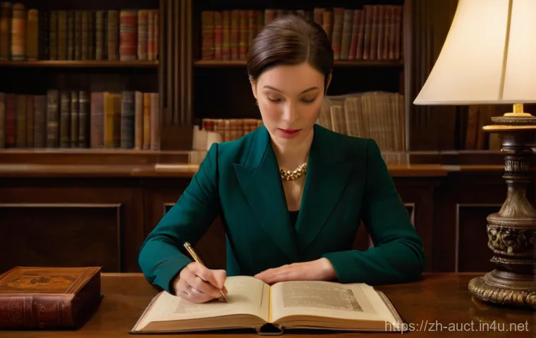 경매사 경력 개발을 위한 학습 자료 추천 - **Prompt:** A sophisticated female auctioneer in her late 30s, dressed in a sharp, tailored blazer o...