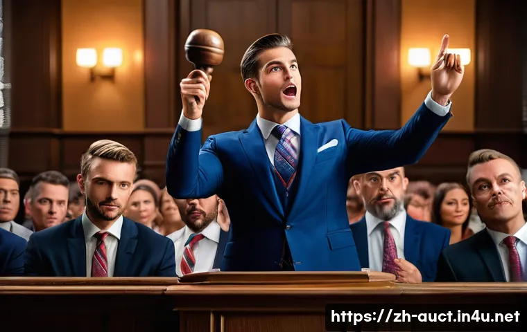 경매사 실기시험 대비 모의 문제 및 해설 - A professional auctioneer in a modern auction house setting, wearing formal attire with a neat suit ...