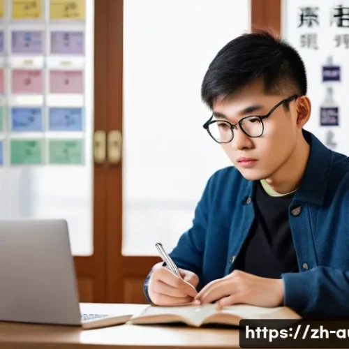 경매사 시험 준비 중 겪을 수 있는 문제점 해결 - A focused young Chinese student sitting at a modern study desk with a laptop, textbooks, and a smart...