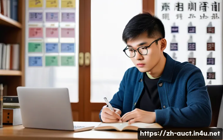 경매사 시험 준비 중 겪을 수 있는 문제점 해결 - A focused young Chinese student sitting at a modern study desk with a laptop, textbooks, and a smart...