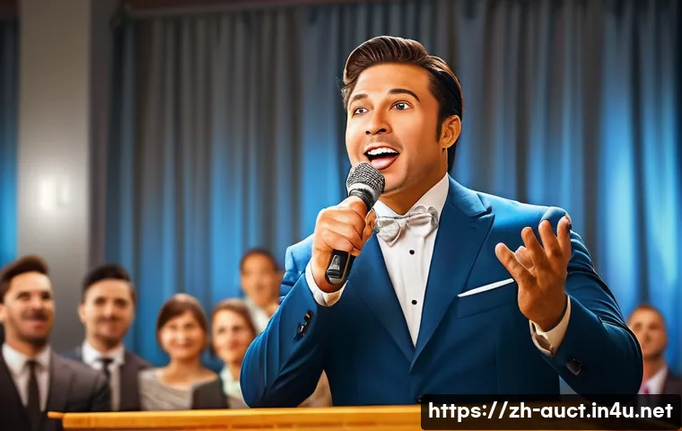 경매사와 감정평가사의 차이 - A professional auctioneer standing confidently on a bustling auction stage, wearing formal attire an...