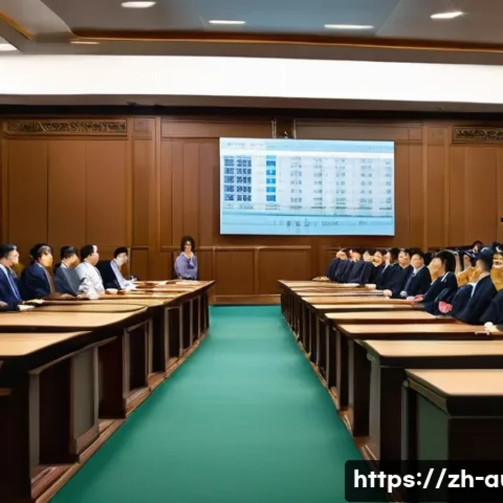 경매사 시험에서 자주 나오는 키워드 - A modern auction house interior scene, showing a professional auctioneer standing confidently at a s...