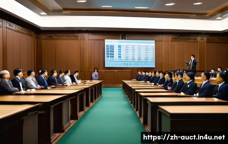 경매사 시험에서 자주 나오는 키워드 - A modern auction house interior scene, showing a professional auctioneer standing confidently at a s...