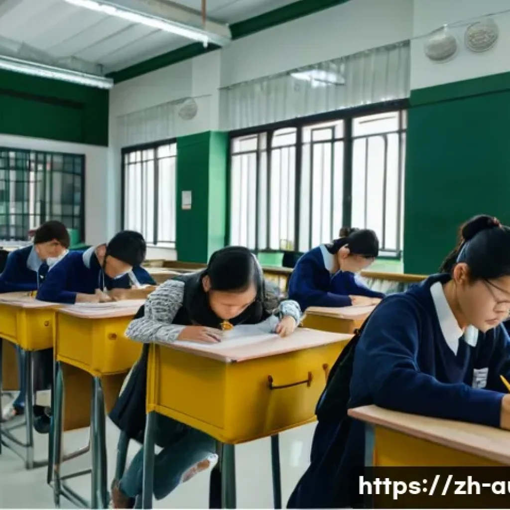 경매사 관련 시험장 경험담 공유 - A modern examination hall scene in China with neat rows of desks and chairs spaced evenly, bright bu...