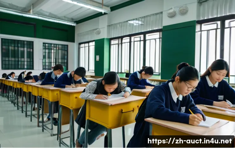 경매사 관련 시험장 경험담 공유 - A modern examination hall scene in China with neat rows of desks and chairs spaced evenly, bright bu...