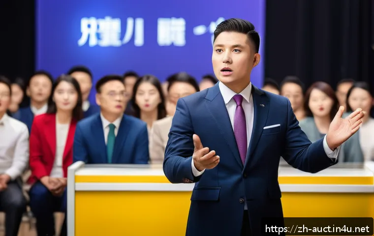 경매사 자격증 관련 면접 질문과 답변 - A professional auctioneer hosting a live auction in a modern auction house, wearing a stylish suit a...