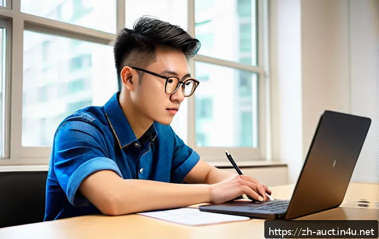 경매사 시험 중 발생할 수 있는 문제 해결법 - A focused young adult sitting at a modern exam desk in a bright, quiet room, wearing professional ca...
