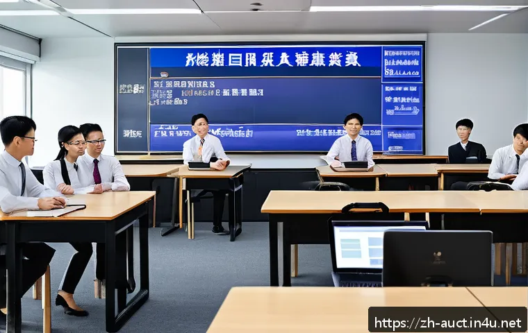 경매사 자격증 최신 트렌드 분석 - A modern auction classroom scene in China, featuring a diverse group of adult students attentively l...