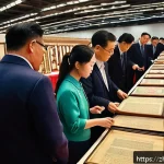 경매사 실무에서의 위험 관리 - A detailed scene of an auction hall filled with diverse participants attentively examining antique i...