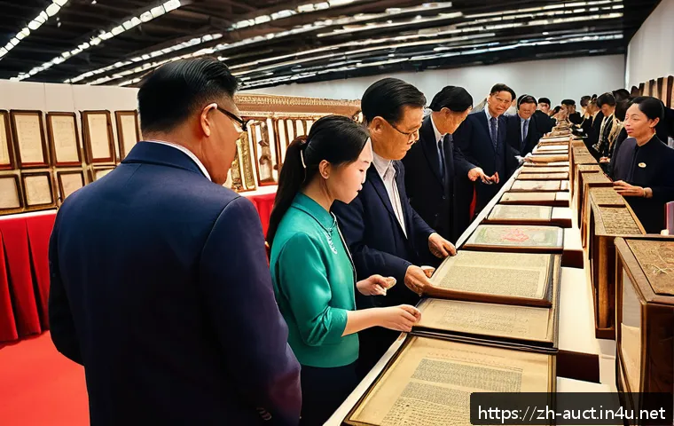 경매사 실무에서의 위험 관리 - A detailed scene of an auction hall filled with diverse participants attentively examining antique i...
