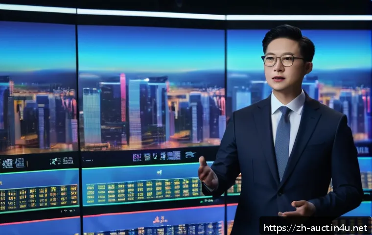 경매사 직업으로서의 커리어 발전 가능성 - A modern auctioneer standing confidently on a sleek stage with a digital auction interface displayed...