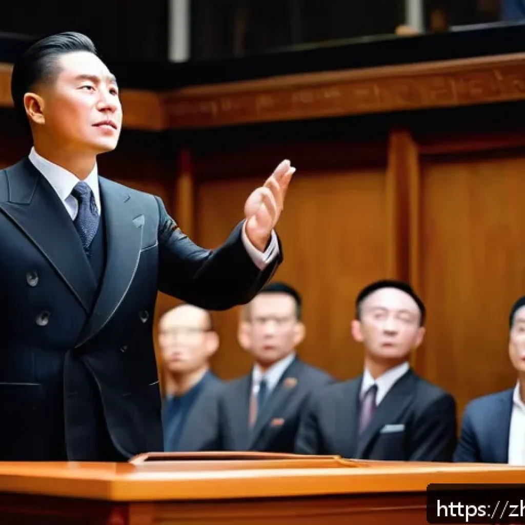 경매사 직업으로 성공한 유명인 사례 - A confident auctioneer in a classic tailored dark suit, standing on a well-lit stage in a grand auct...