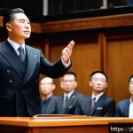 경매사 직업으로 성공한 유명인 사례 - A confident auctioneer in a classic tailored dark suit, standing on a well-lit stage in a grand auct...