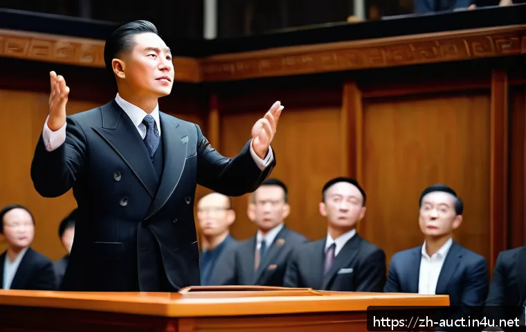 경매사 직업으로 성공한 유명인 사례 - A confident auctioneer in a classic tailored dark suit, standing on a well-lit stage in a grand auct...