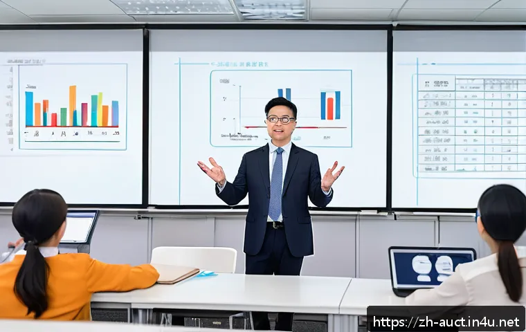 경매사 경력을 활용한 창업 아이디어 - A professional auction training classroom scene featuring a confident auctioneer wearing business ca...