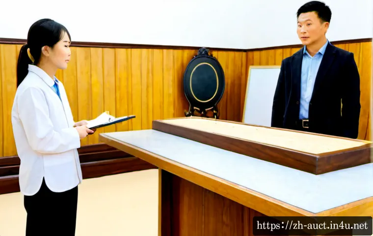 경매사 실기시험에서 중요한 실습 사례 - Photorealistic auctioneer practical examination scene, a poised trainee standing behind a clean wood...