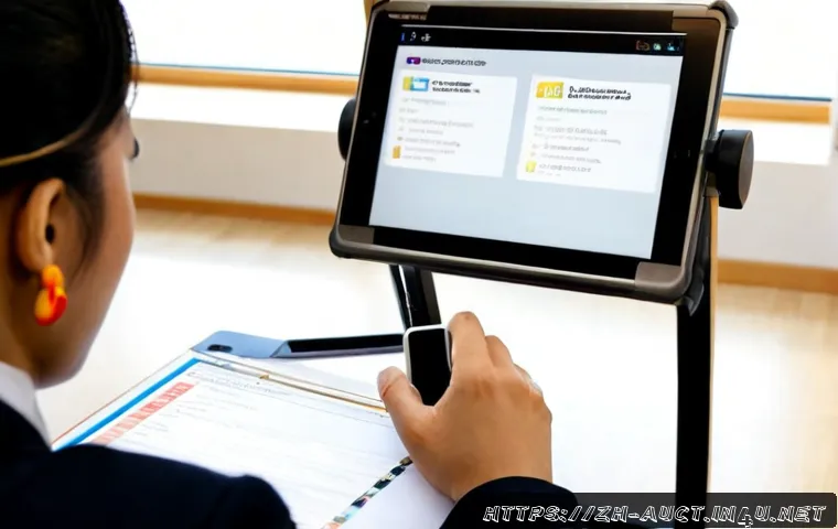 경매사 관련 학습 자료의 최신 트렌드 - Photorealistic modern auctioneer training workspace, diverse adult learner studying with a tablet di...