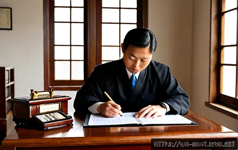 경매사 필기시험 기출문제 해설 - Photorealistic study scene for an auctioneer written examination: focused East Asian adult seated at...